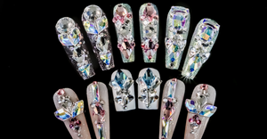 Reusable press-on nails neatly arranged on a hand with clean nail prep tools in background